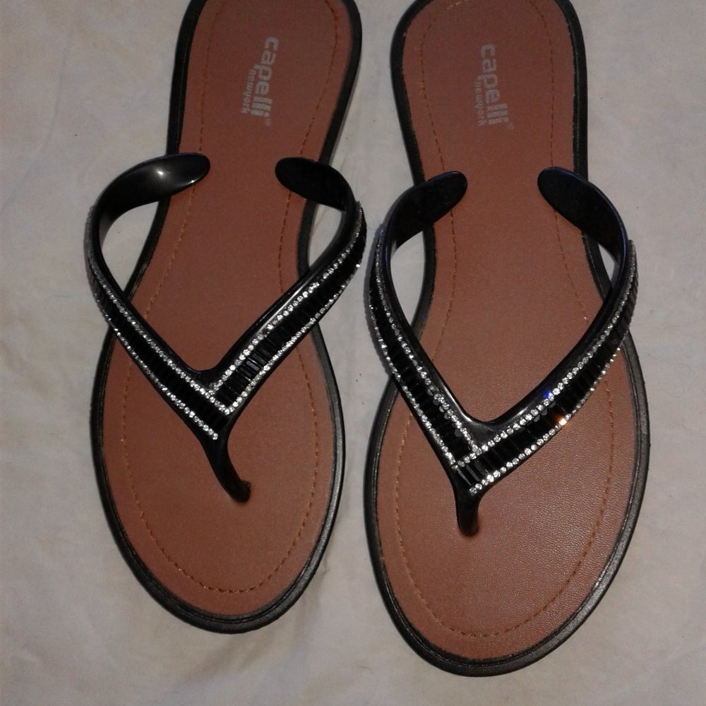 BLACK EMBELLISHED CLEAR BEADS STRAPS, BROWN SOLES, SANDALS, LADIES SIZE 9